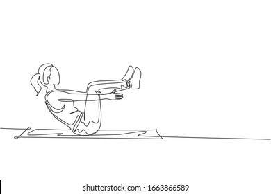 One continuous line drawing of young sporty woman working out lying sit up on the floor in fitness gym club center. Healthy fitness sport concept. Dynamic single line draw design vector illustration