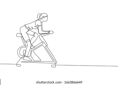 Eine durchgehende Zeichnung junger Sportlerinnen, die stationäres stationäres Fahrrad im Fitness-Fitness-Club-Center trainieren. Gesundes Fitnesssportkonzept. Dynamische Vektorillustration für Einzelzeilenzeichnung