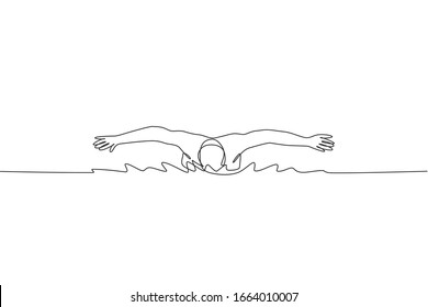 One continuous line drawing of young muscular professional swimmer man swimming in sport center. Healthy sport and fitness cardio exercise concept. Dynamic single line draw design vector illustration