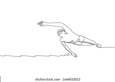 One continuous line drawing of young muscular professional swimmer man swimming in sport center. Healthy sport and fitness cardio exercise concept. Dynamic single line draw design vector illustration