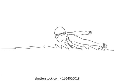 One continuous line drawing of young muscular professional swimmer focus swimming in sport center. Healthy sport fitness cardio exercise concept. Dynamic single line draw design vector illustration