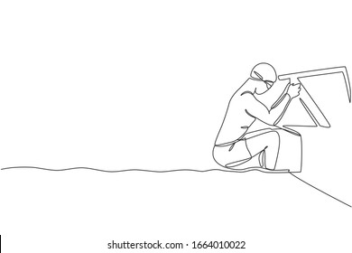 One continuous line drawing of young muscular professional swimmer man out from water in swim sport center. Healthy sport cardio exercise concept. Dynamic single line draw design vector illustration