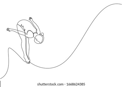One continuous line drawing of young sporty woman tumbling and somersault after jumping from diving board. Competition event. Healthy water sport concept. Single line draw design vector illustration