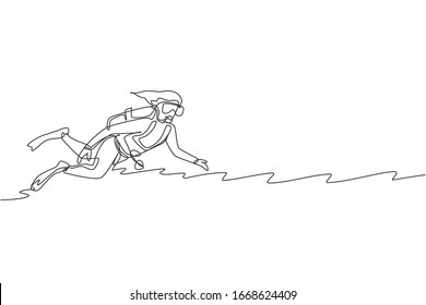 One continuous line drawing of young sporty woman swimming into deep sea to explore fish life and other sea creatures. Scuba diving sport concept. Dynamic single line draw design vector illustration