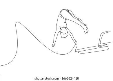 One continuous line drawing young sporty man jumping from diving board and beauty somersaulting into the pool. Healthy water sport concept. Dynamic single line draw design vector graphic illustration