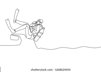 One continuous line drawing young sporty man jump down into the sea ocean from motor boat to do scuba diving. Healthy water sport concept. Dynamic single line draw design vector graphic illustration