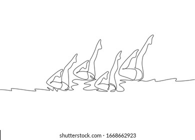 One continuous line drawing of young sporty women synchronized swimmer perform beauty leg movement in the water pool. Healthy fitness sport concept. Dynamic single line draw design vector illustration