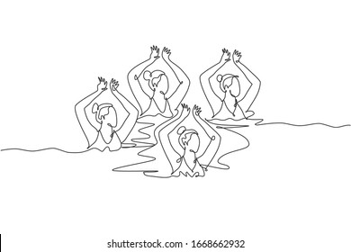 One continuous line drawing of young sporty women synchronized swimmer perform beauty movement in the water pool. Healthy fitness sport concept. Dynamic single line draw design vector illustration