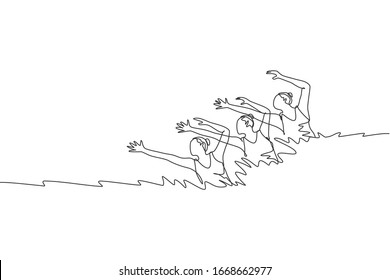 One continuous line drawing of young sporty women synchronized swimmer perform beauty movement in the water pool. Healthy fitness sport concept. Dynamic single line draw design vector illustration
