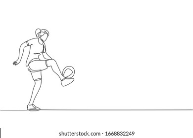 One continuous line drawing of young sporty woman soccer freestyler player practice ball juggling in the street. Football freestyle sport concept. Dynamic single line draw design vector illustration