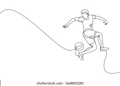 One continuous line drawing of young sporty man soccer freestyler player practice to juggle ball with heel in the street. Football freestyle sport concept. Single line draw design vector illustration