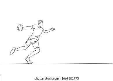 One continuous line drawing of young sporty woman exercise to throw discus on the ground field. Athletic games. Olympic sport concept. Dynamic single line draw design vector graphic illustration