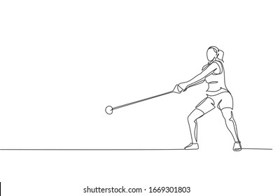 One continuous line drawing of young sporty woman exercise to focus before throw heavy hammer on the field. Athletic games. Olympic sport concept. Dynamic single line draw design vector illustration