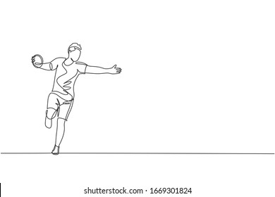 One continuous line drawing of young sporty man exercise to focus while swinging discus on the field. Athletic games. Olympic sport concept. Dynamic single line draw graphic design vector illustration