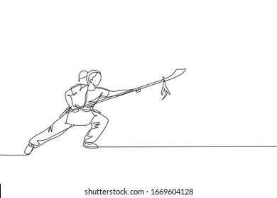One continuous line drawing young wushu master woman, kung fu warrior in kimono with spear on training. Martial art sport contest concept. Dynamic single line draw design graphic vector illustration