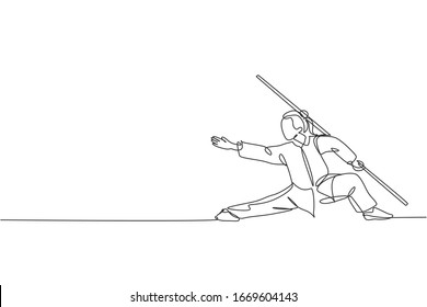 One continuous line drawing of young wushu master woman, kung fu warrior in kimono with long staff on training. Martial art sport contest concept. Dynamic single line draw design vector illustration