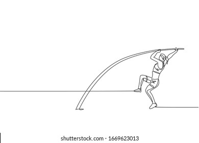 One continuous line drawing of young sporty man practicing to stance pole vault jump at field. Healthy athletic sport concept. Championship event. Dynamic single line draw design vector illustration