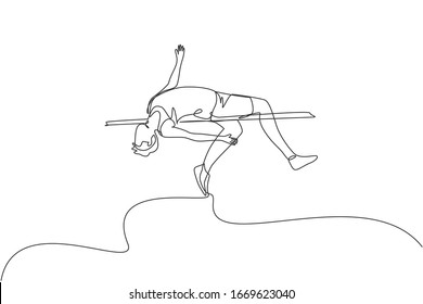 One continuous line drawing young sporty man success to pass the bar on high jump game. Healthy athletic sport concept. Championship event. Dynamic single line draw design vector graphic illustration