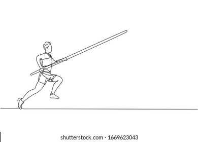 Un dibujo de línea continua de un joven deportista practicando salto de bóveda en el campo. El concepto de deporte atlético saludable. Evento de campeonato. Ilustración vectorial de diseño de línea única dinámica