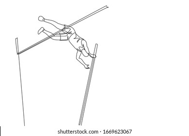 Un dibujo de línea continua de un joven deportista practicando para pasar barra de bóveda en el campo. El concepto de deporte atlético saludable. Evento de campeonato. Ilustración vectorial de diseño de línea única dinámica