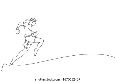 One continuous line drawing of young sporty muay thai boxer man practicing knee kick and flying kick at box arena. Fighting sport game concept. Dynamic single line draw design vector illustration