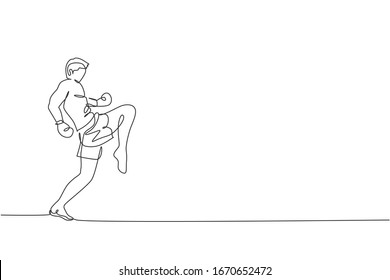 One continuous line drawing of young sporty muay thai boxer man preparing to fight, stance kick at box arena. Fighting sport game concept. Dynamic single line draw design vector illustration graphic
