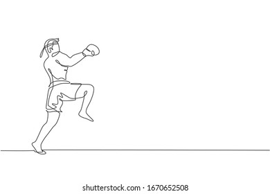 One continuous line drawing of young sporty muay thai boxer man preparing to fight, stance kick at box arena. Fighting sport game concept. Dynamic single line draw design graphic vector illustration