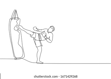 One continuous line drawing of young sporty man kickboxer athlete training with kick punching bag at gym center. Combative kickboxing sport concept. Dynamic single line draw design vector illustration