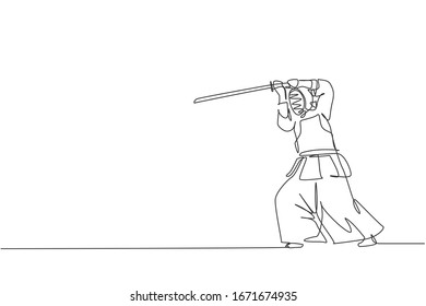 One continuous line drawing of young sporty man training kendo defense fighting skill in dojo center. Healthy martial art sport concept. Dynamic single line draw design vector illustration graphic