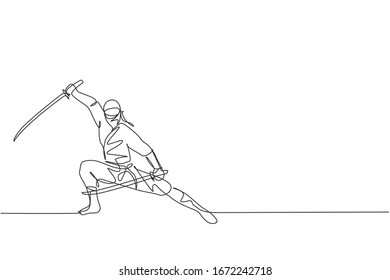 One continuous line drawing of young brave Japanese ninja character on black costume with attacking position. Martial art fighting concept. Dynamic single line draw design vector graphic illustration
