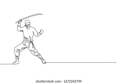 One continuous line drawing of young brave Japanese ninja character on black costume with attacking position. Martial art fighting concept. Dynamic single line draw graphic design vector illustration