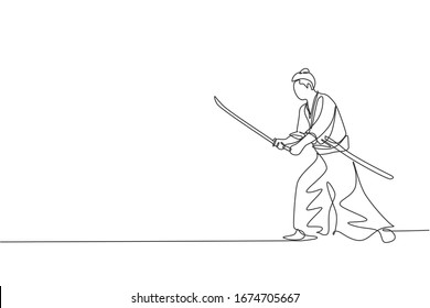 One continuous line drawing of young bravery samurai warrior pose ready to attack at training session. Martial art combative sport concept. Dynamic single line draw design vector graphic illustration