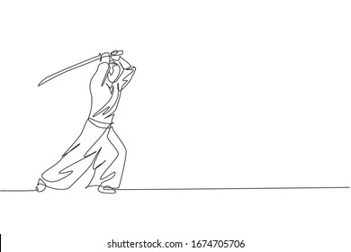 Eine fortlaufende Zeichnung des jungen, mutigen Samurai-Kriegers ist bereit, in der Trainingssitzung anzugreifen. Kampfsportkonzept für Kampfsportarten. Dynamische Vektorillustration für Einzelzeilenzeichnung