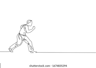 One continuous line drawing of young sporty Brazilian fighter man training capoeira on the beach. Healthy traditional fighting sport concept. Dynamic single line draw design vector illustration