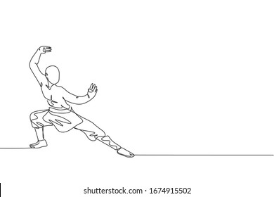 One continuous line drawing of young shaolin monk man practice kung fu style at temple ground . Traditional Chinese combative sport concept. Dynamic single line draw design graphic vector illustration