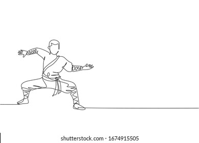 One continuous line drawing of young shaolin monk man practice kung fu style at temple ground . Traditional Chinese combative sport concept. Dynamic single line draw design vector graphic illustration