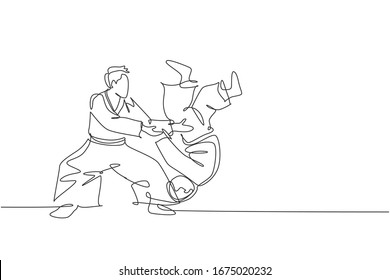 One continuous line drawing of young men aikido fighter practice fighting technique at dojo training center. Martial art combative sport concept. Dynamic single line draw design vector illustration