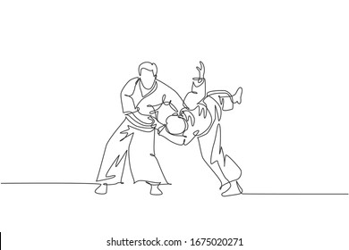 Un dibujo de línea continua de jóvenes combatientes aikido practicando truco de lucha en el centro de entrenamiento dojo. Concepto deportivo combativo de arte marcial. Ilustración vectorial de diseño de línea única dinámica