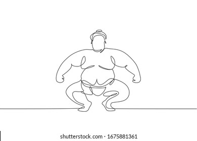 One continuous line drawing of young big Japanese rikishi man prepare to fight at festival tournament. Traditional sumo sport concept. Dynamic single line draw design vector graphic illustration