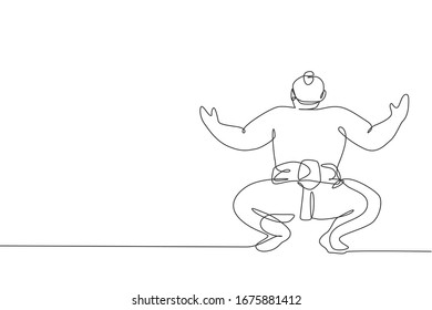 One continuous line drawing of young big Japanese rikishi man prepare to fight at festival tournament. Traditional sumo sport concept. Dynamic single line draw graphic design vector illustration