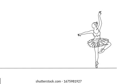 One continuous line drawing of young graceful woman ballet dancer perform beauty classic dance at stage of opera house. Ballet performance concept. Dynamic single line draw design vector illustration