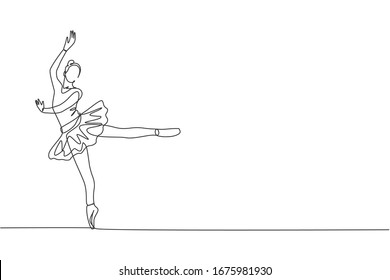 One continuous line drawing of young graceful woman ballet dancer perform beauty classic dance at stage of opera house. Ballet performance concept. Dynamic single line draw design vector illustration