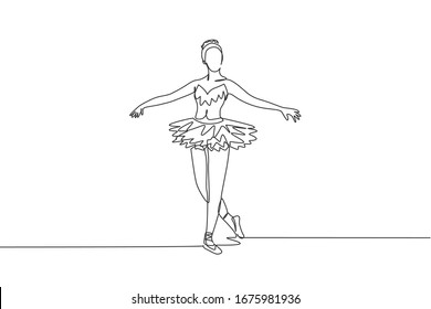 One continuous line drawing of young graceful woman ballet dancer perform beauty classic dance at stage of opera house. Ballet performance concept. Dynamic single line draw design vector illustration