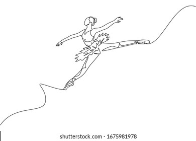 One continuous line drawing young graceful woman ballet dancer perform beauty classic dance at stage opera house  Ballet performance concept  Dynamic single line draw design vector illustration