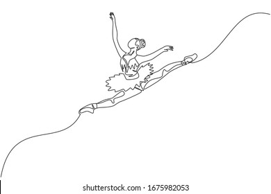 One continuous line drawing of young graceful woman ballet dancer perform beauty classic dance at stage of opera house. Ballet performance concept. Dynamic single line draw design vector illustration