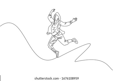 One continuous line drawing of young sporty break dancer man show hip hop jumping dance style in the street. Urban lifestyle sport concept. Dynamic single line draw design vector graphic illustration