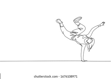 One continuous line drawing of young sporty break dancer woman show hand stand hip hop dance style in the street. Urban lifestyle sport concept. Dynamic single line draw design vector illustration