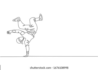 Una línea continua de dibujo de un joven bailarín deportivo con estilo casual de baile de hip-hop en la calle. Concepto de deporte de estilo de vida urbano. Ilustración vectorial de diseño de línea única dinámica