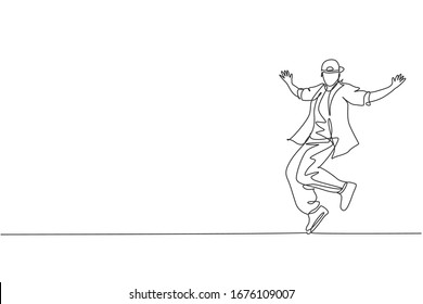 Una línea continua de dibujo de un joven bailarín deportivo con estilo casual de baile de hip-hop en la calle. Concepto de deporte de estilo de vida urbano. Ilustración vectorial de diseño de línea única dinámica