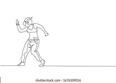 One continuous line drawing of young sporty break dancer woman show hip hop dance style in the street. Urban lifestyle sport concept. Dynamic single line draw graphic design vector illustration